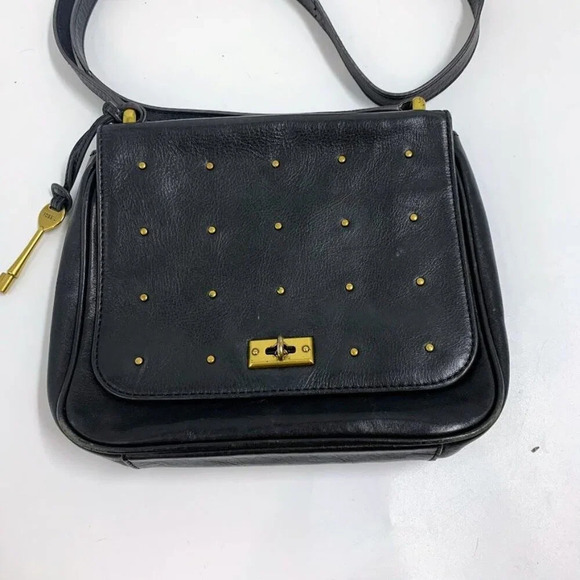 Fossil Women's Leather Gold Studded Key Lock Accessory Adjustable Crossbody - Picture 3 of 14
